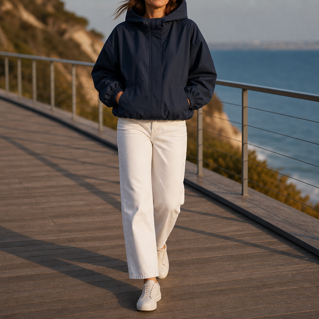 Woman on a coastal boardwalk in a navy balloon hem windbreaker