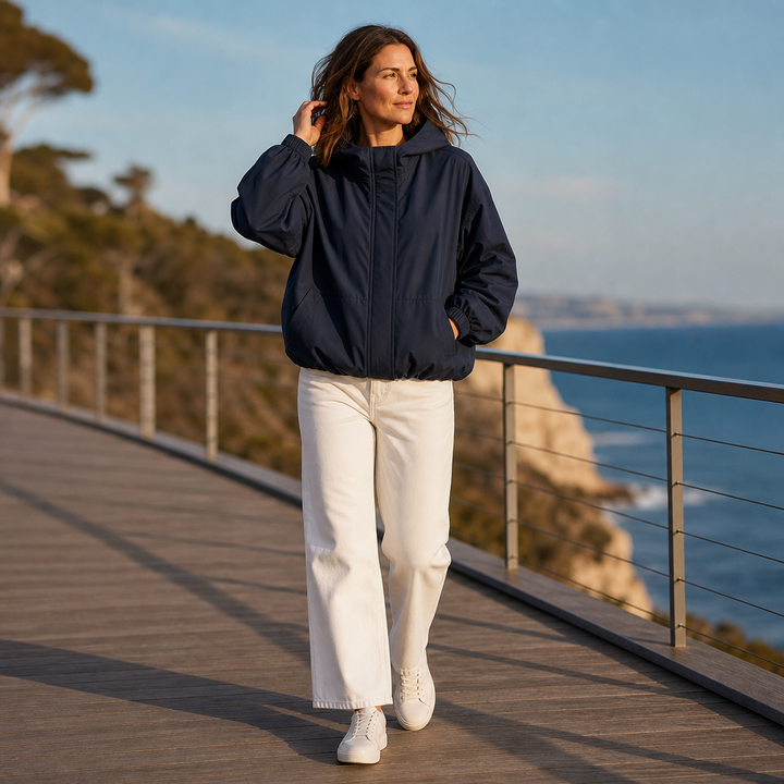 Navy hooded windbreaker worn with cream wide leg jeans