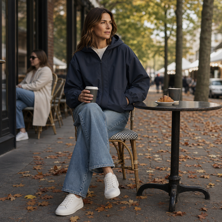 Woman at an outdoor cafe table in a navy hooded windbreaker