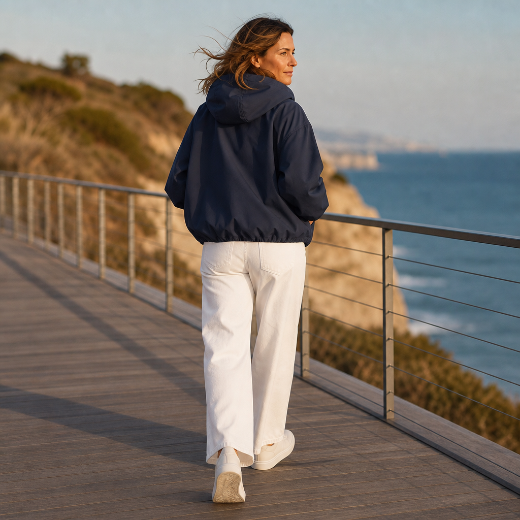 Back view of a navy balloon hem windbreaker on a boardwalk