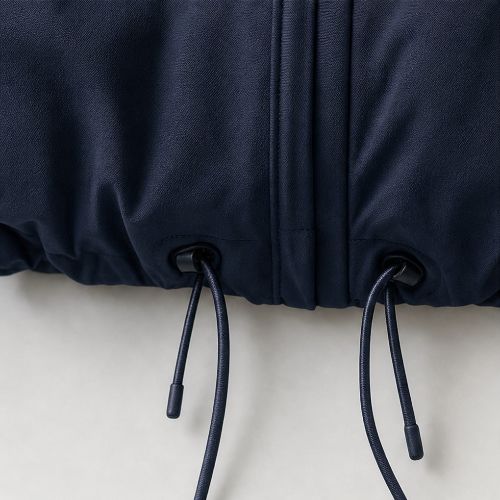 Drawcord hem detail on a navy balloon hem windbreaker