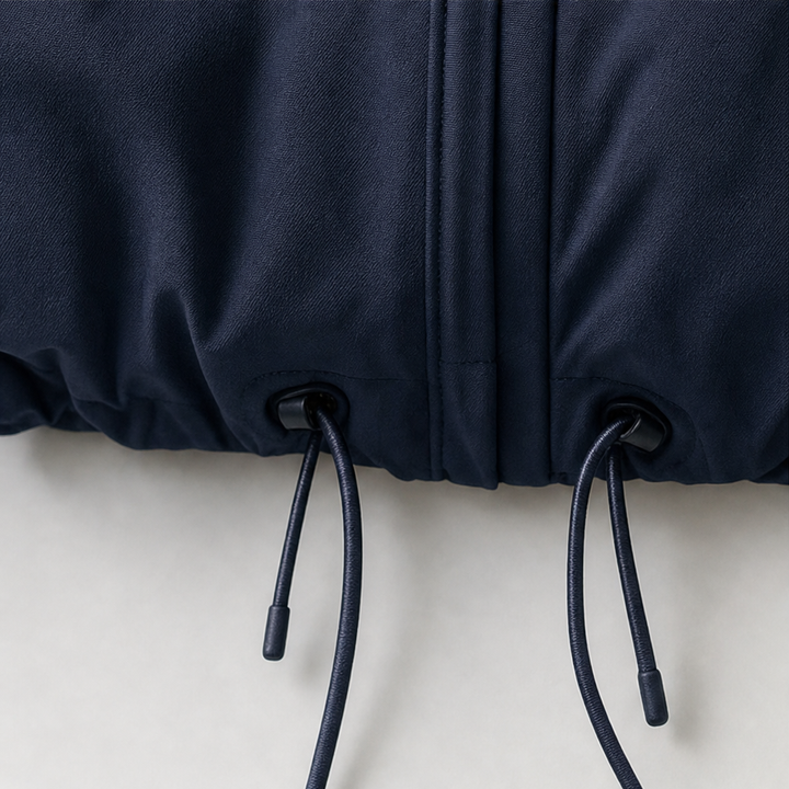 Drawcord hem detail on a navy balloon hem windbreaker