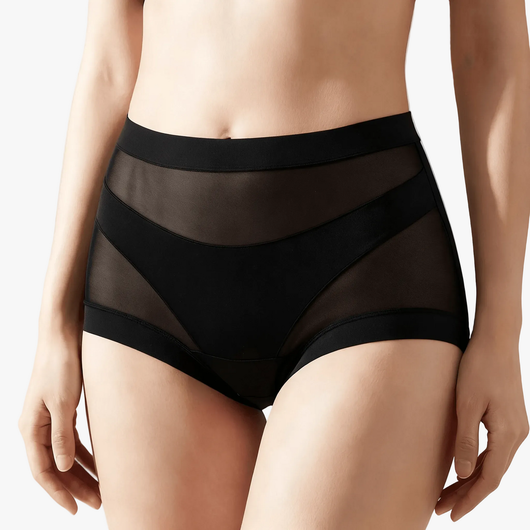 Black high-waist mesh briefs shown on a body