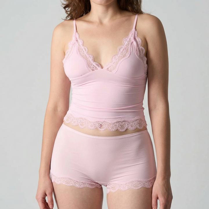 Pink lace trimmed cami and boxer shorts set