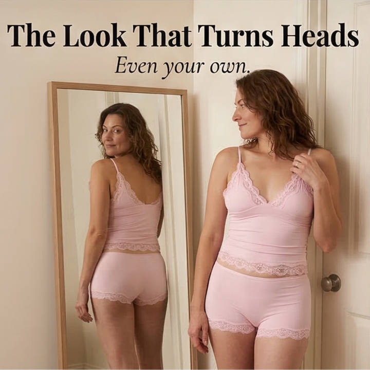 Feature panel at a mirror in the pink cami and boxer set