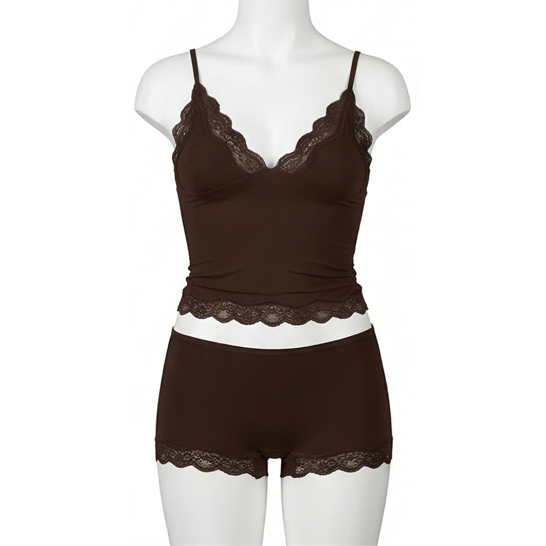 Chocolate lace trimmed cami and boxer set on a mannequin