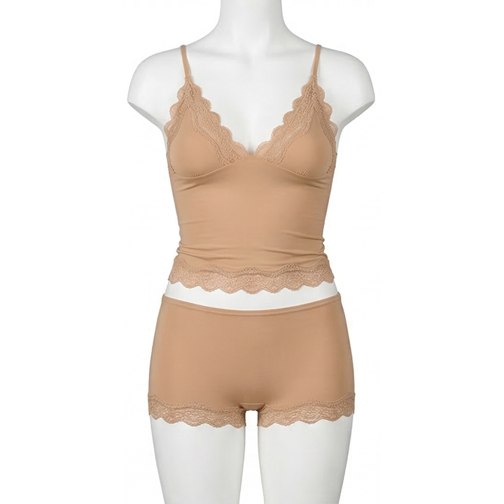 Nude lace trimmed cami and boxer set on a mannequin