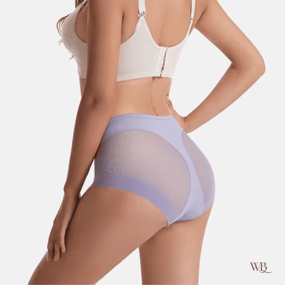Side view of periwinkle briefs with a sheer mesh panel