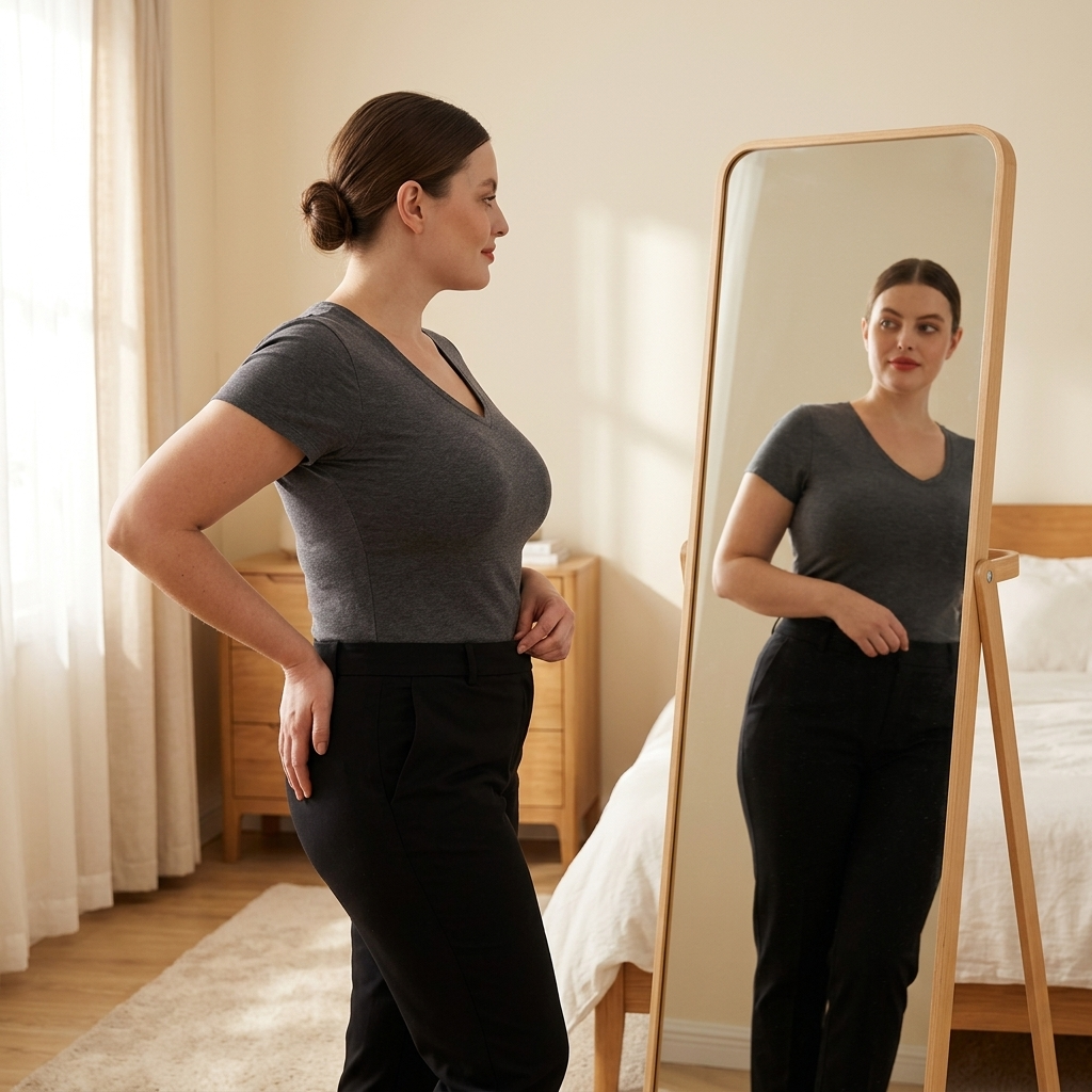 Woman at a mirror in a grey tee and black trousers