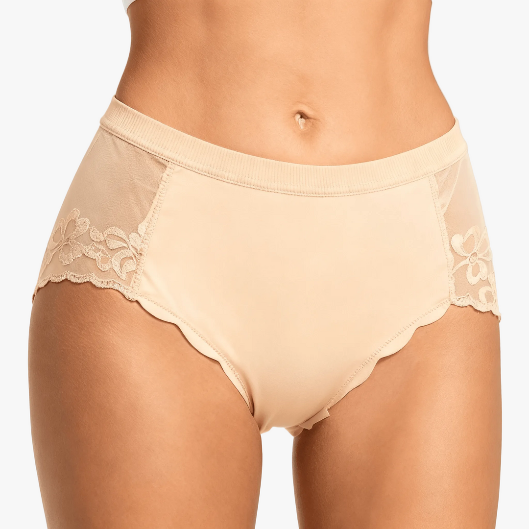 Nude low-rise briefs with sheer mesh and lace side panels