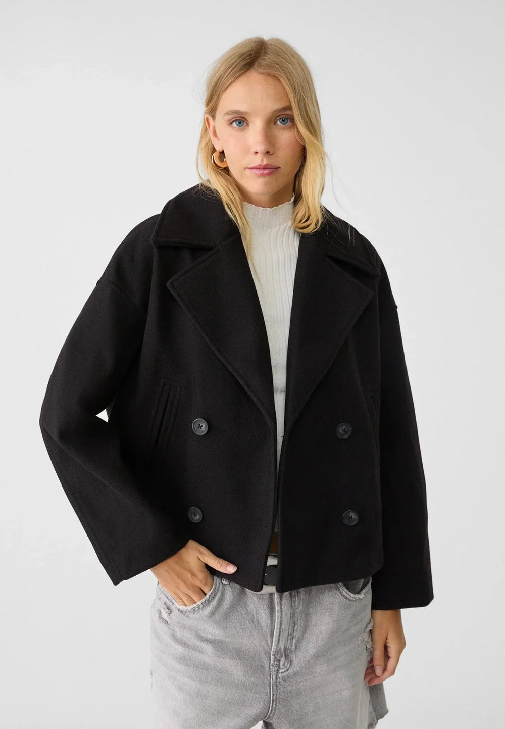 Black short double-breasted jacket with a wide collar