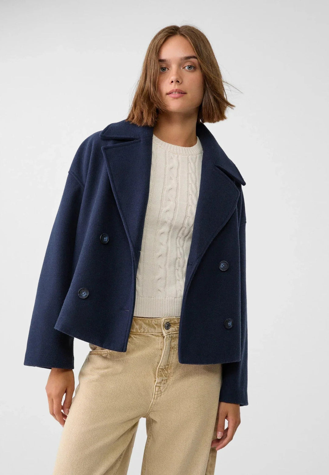 Navy short double-breasted jacket with a wide collar