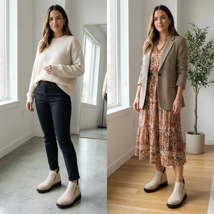Cream chelsea boots styled with jeans and with a midi dress
