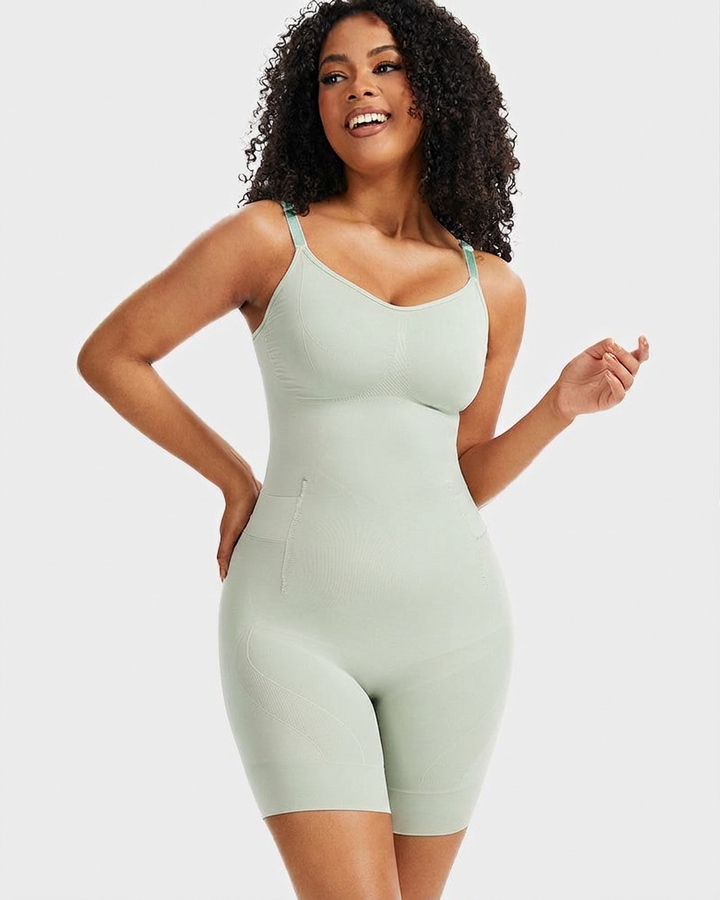 Sage green sculpting bodysuit with shorts and thin straps