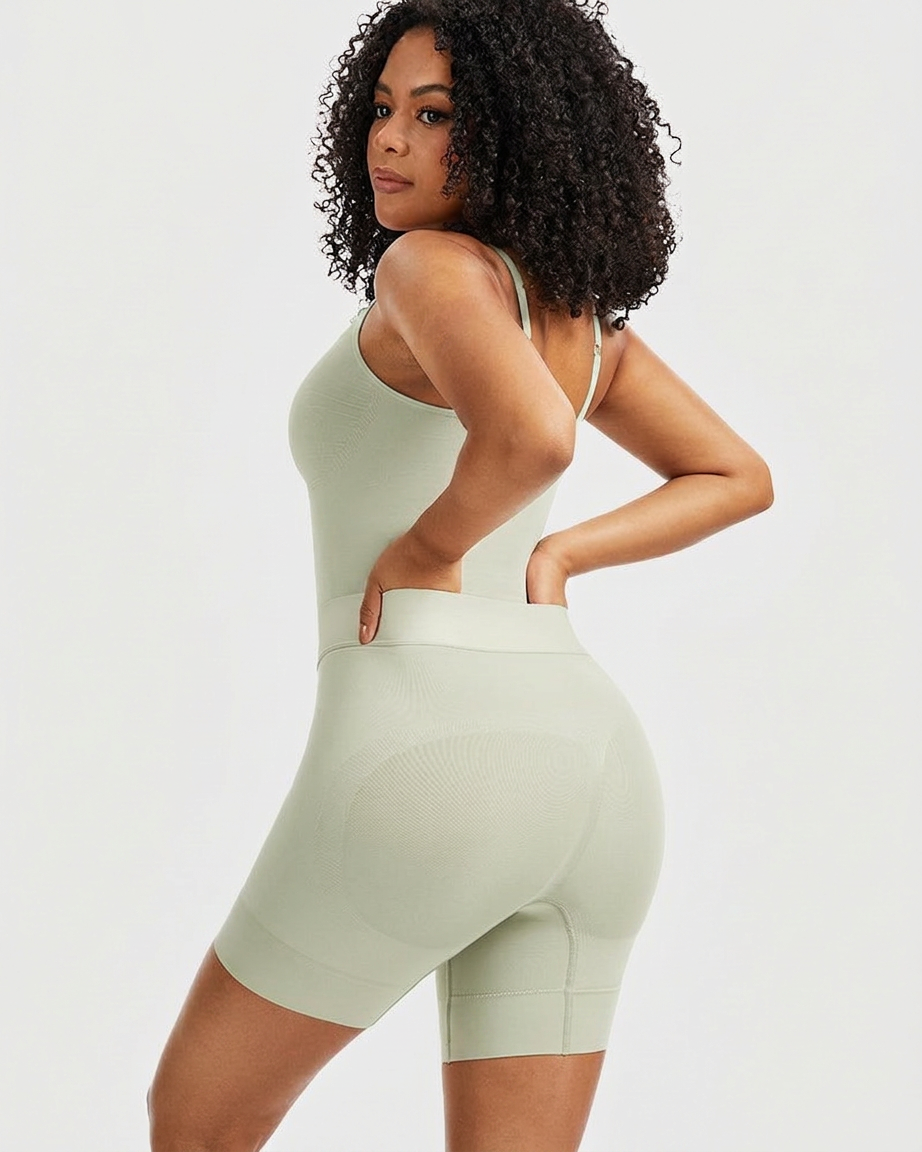 Side view of the sage sculpting bodysuit with a wide waistband