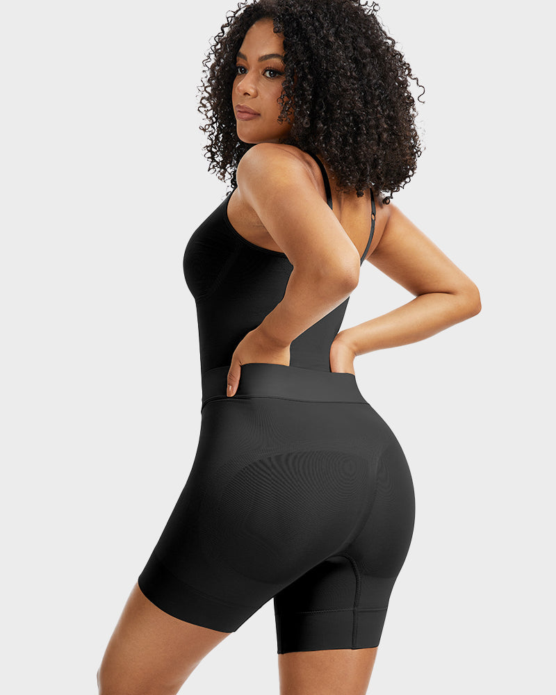 Back view of the black sculpting bodysuit with an X back panel