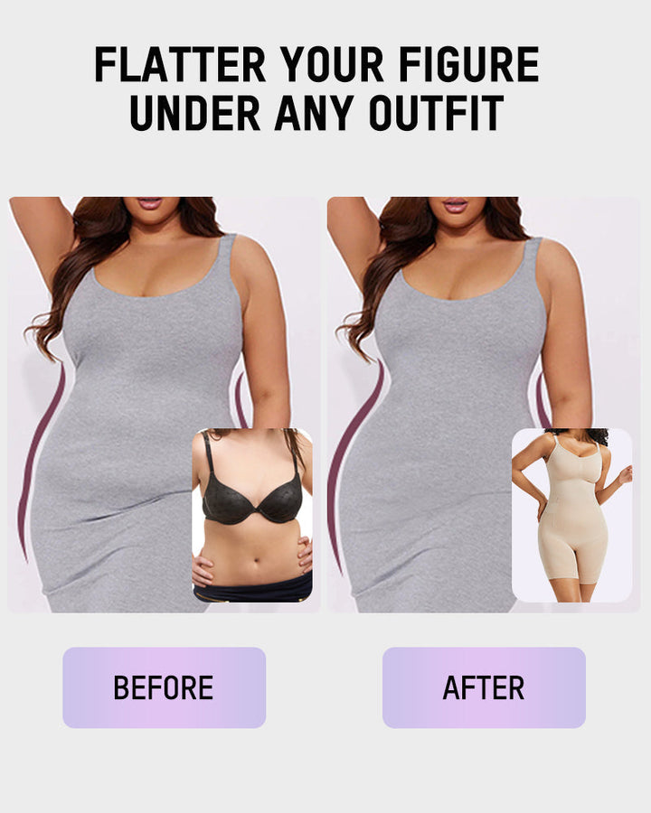 Before and after panel of a grey dress worn over the bodysuit