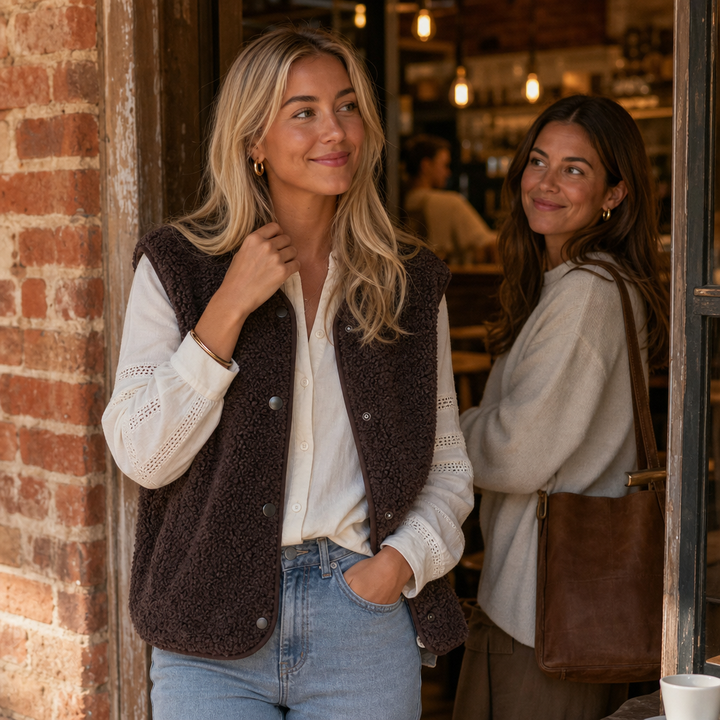 Two women outside a cafe, one in a brown teddy fleece vest