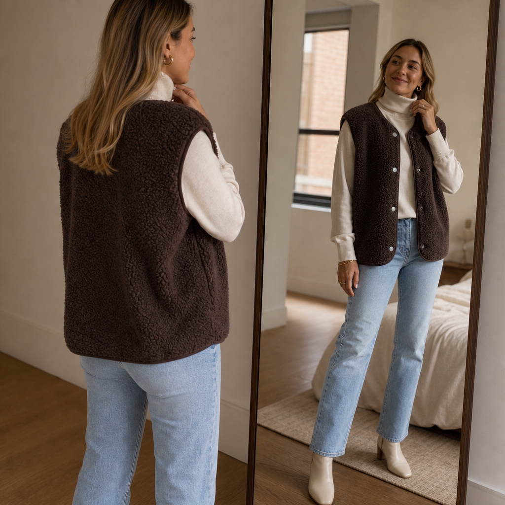 Brown teddy fleece vest seen front and back in a bedroom mirror