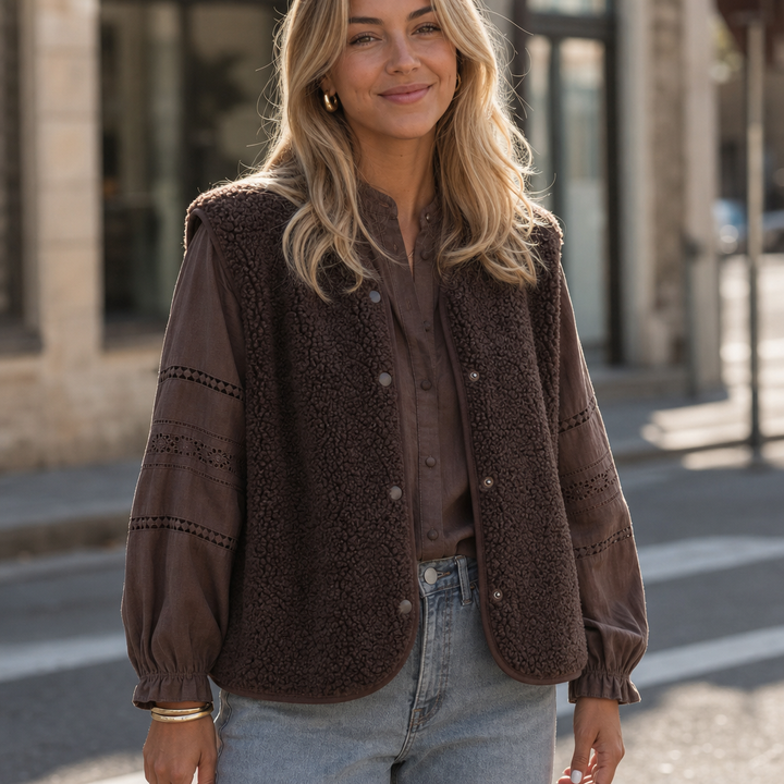 Brown teddy fleece vest buttoned over a brown shirt with jeans