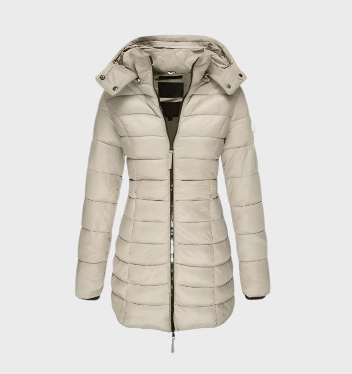 Stone soft-lined hooded long coat shown flat