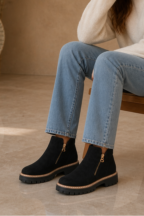 Black suede ankle boots with gold side zip and lug sole, worn with light blue jeans