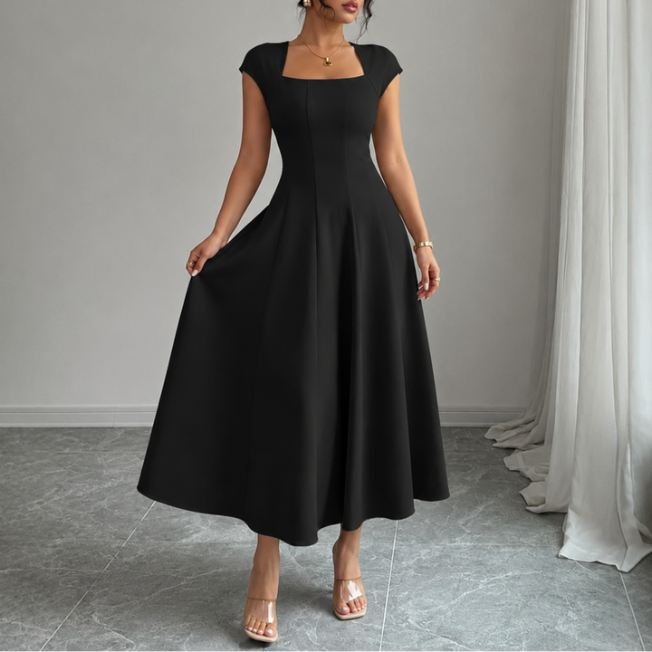 Black square neck midi dress with cap sleeves and full flared skirt, front view