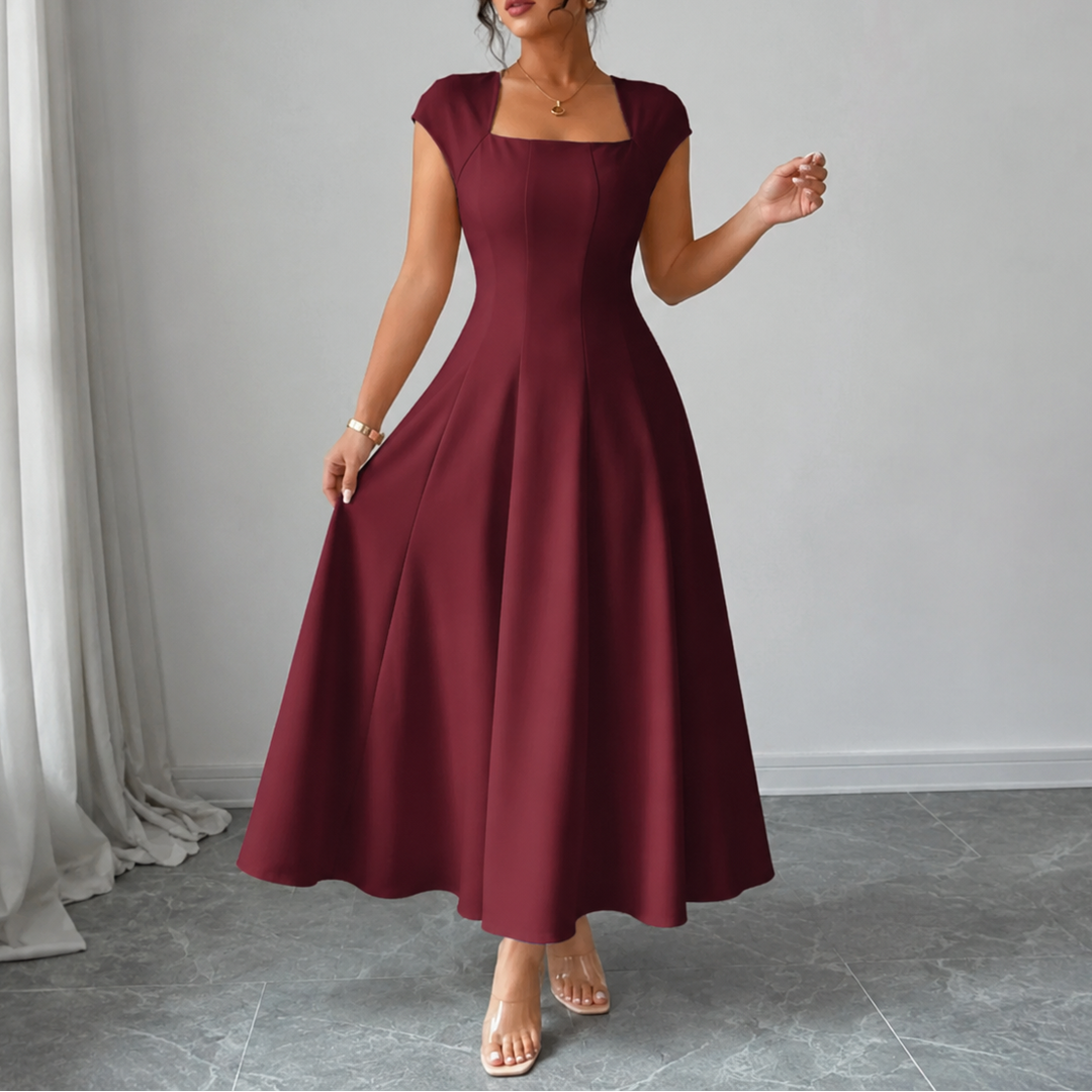 Burgundy square neck midi dress with cap sleeves and full flared skirt, shown full length