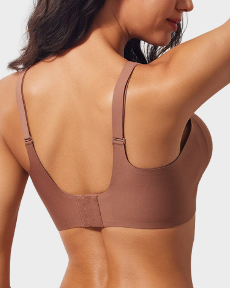 Back view of a mocha wireless bra with a wide smoothing band