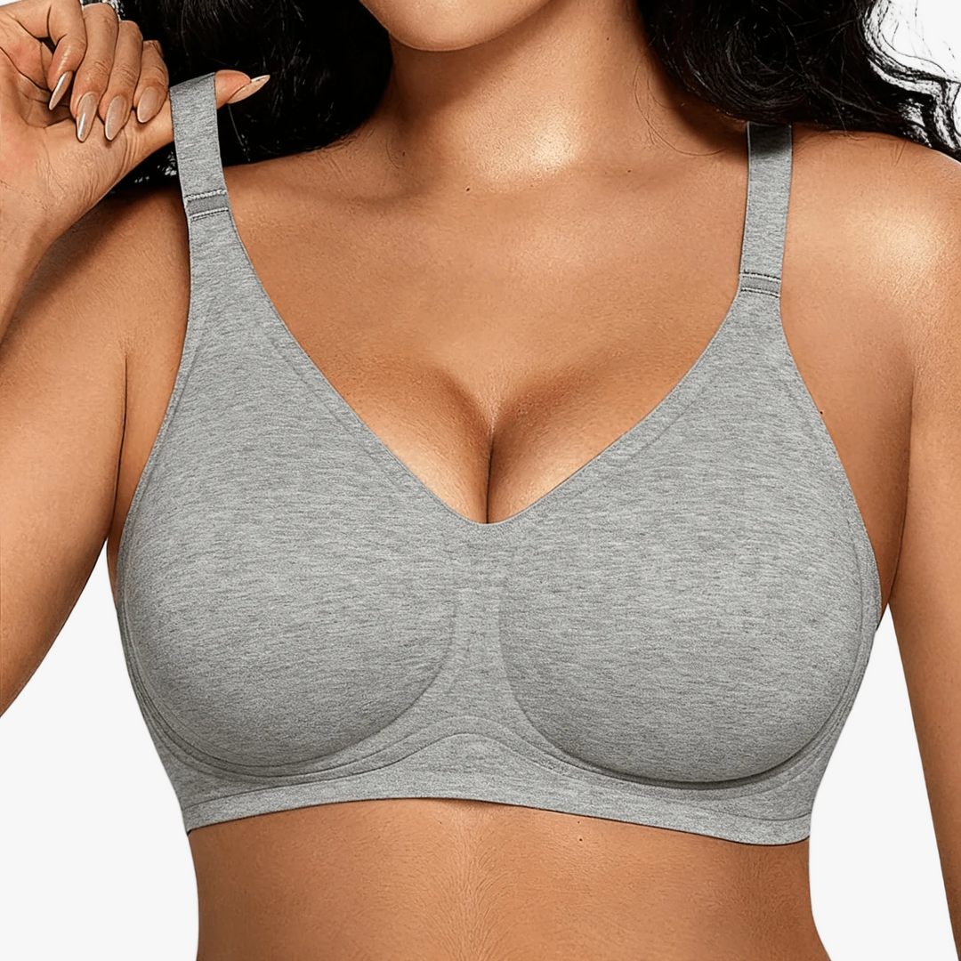 Grey marl stitch-free comfort bra worn on a body