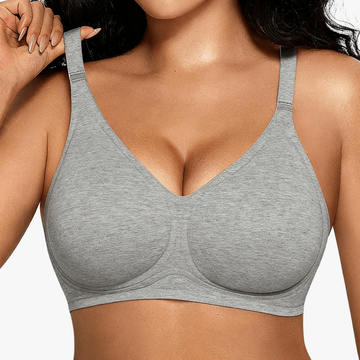Grey marl stitch-free comfort bra worn on a body