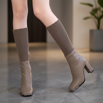 Stretch Knit Block Heel Knee High Boots