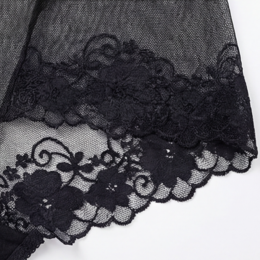 Close-up of the scalloped black lace on sheer mesh