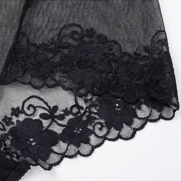 Close-up of the scalloped black lace on sheer mesh