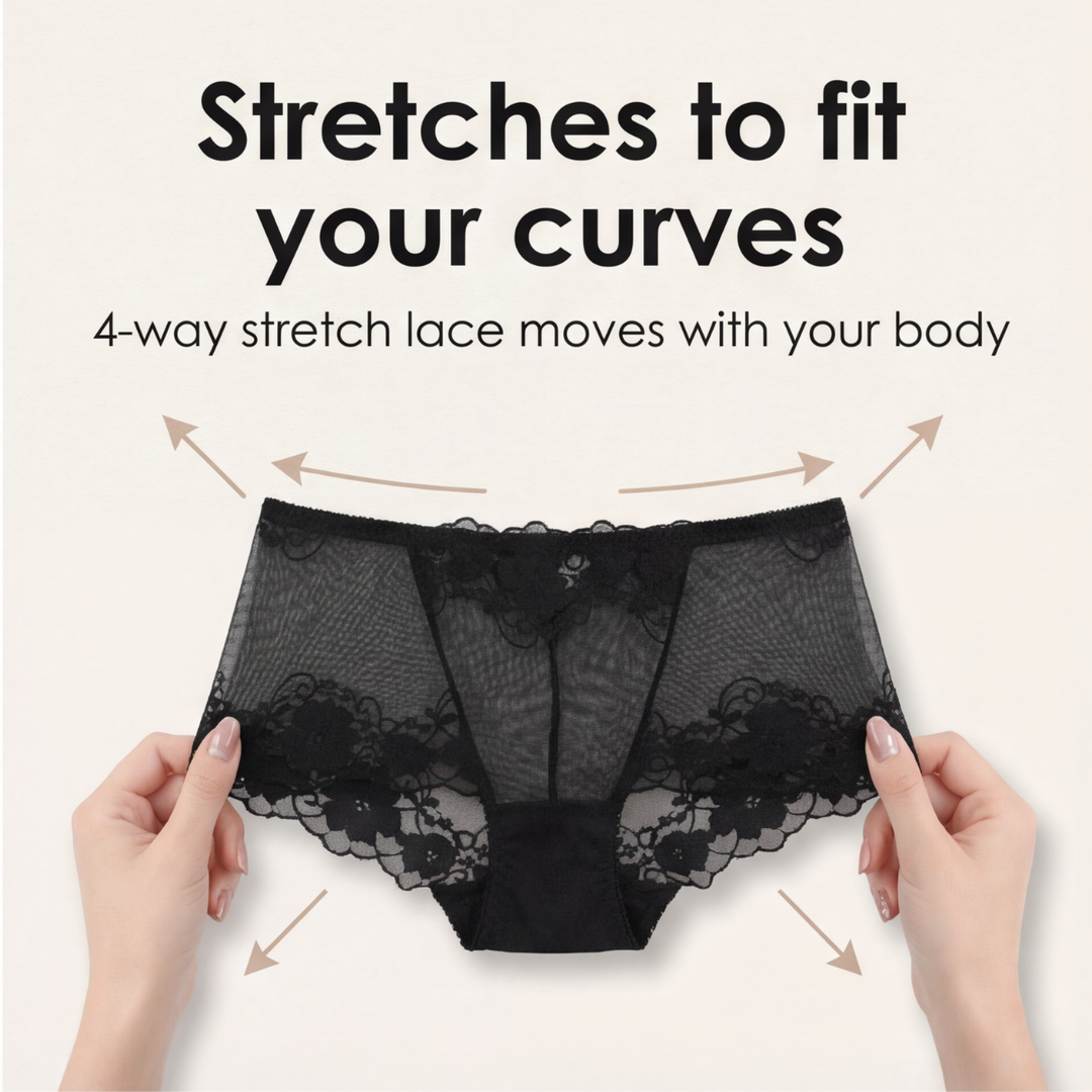 Feature panel with hands stretching the lace briefs