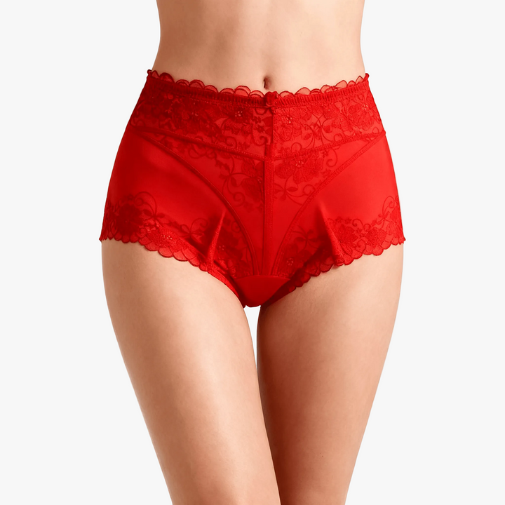 Red stretch lace high-waist briefs with a scalloped waistband, front view