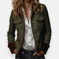 Olive utility jacket with chest pockets and brown leather trim