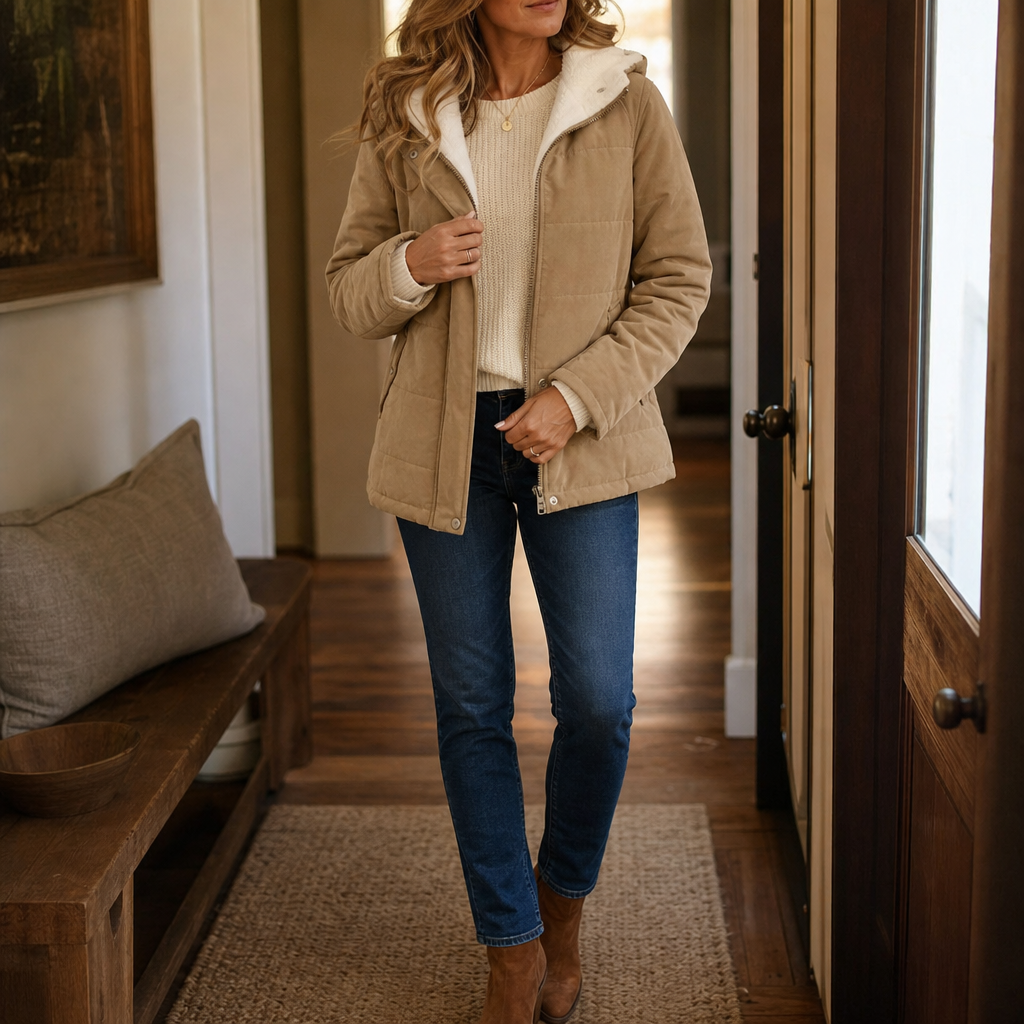 Camel hooded puffer jacket worn in a hallway with jeans