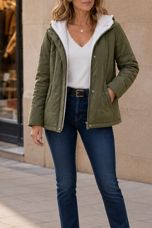 Olive green hooded puffer jacket with a sherpa lined hood