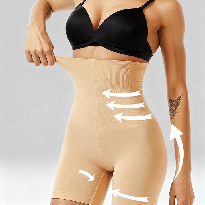 Nude high-waist shaping shorts with compression arrows marked