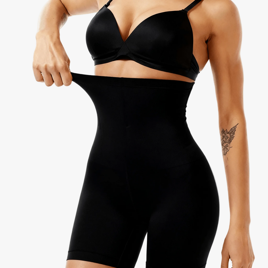 Black high-waist shaping shorts worn with a black bra