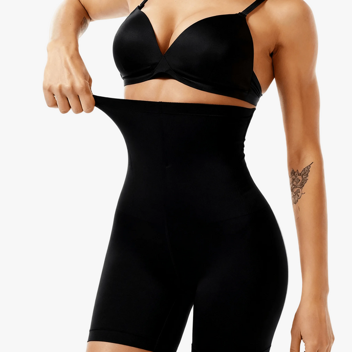 Black high-waist shaping shorts worn with a black bra