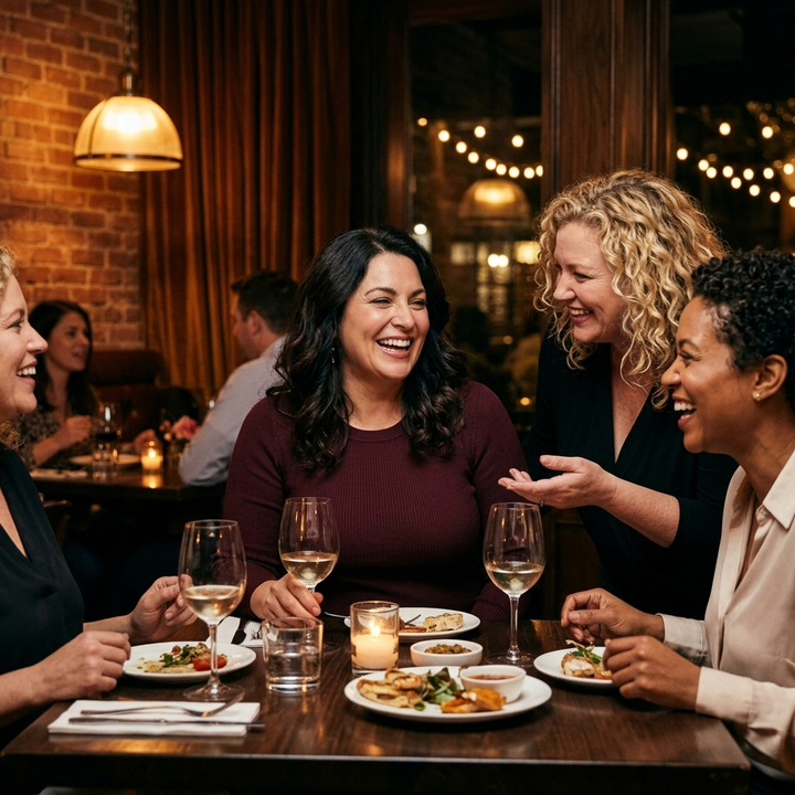 Four women laughing over dinner at a restaurant table