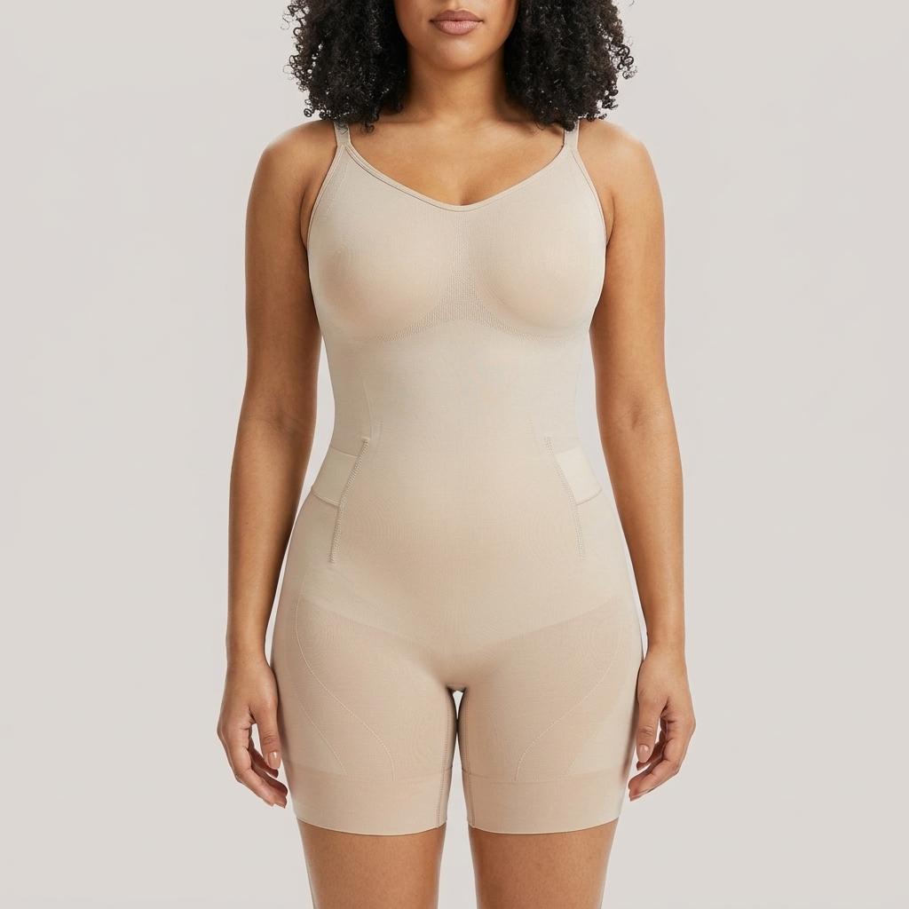 Nude shaping bodysuit with shorts and a wide waist band