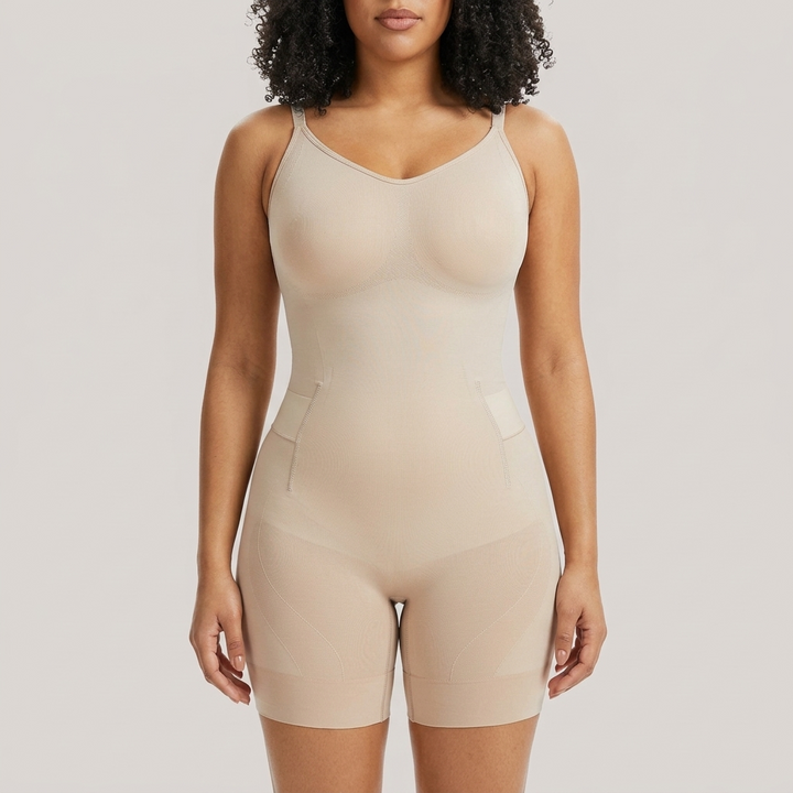 Nude shaping bodysuit with shorts and a wide waist band