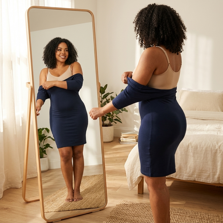 Woman at a mirror pulling a navy dress over the bodysuit