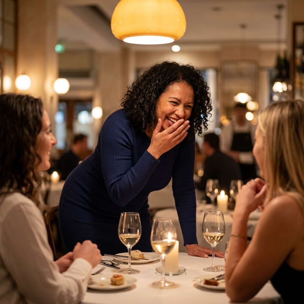Woman laughing at a restaurant table in a navy dress