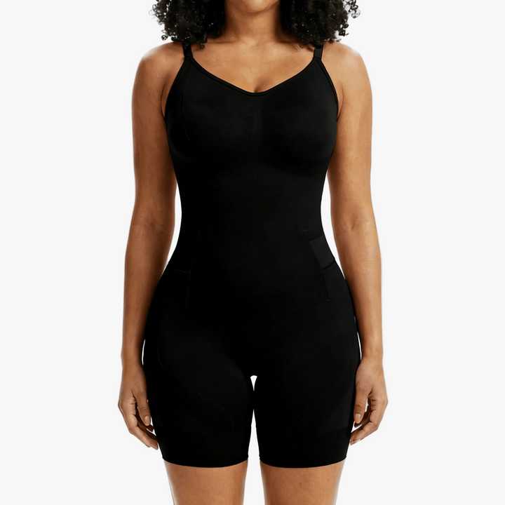 Black shaping bodysuit with shorts shown on a body