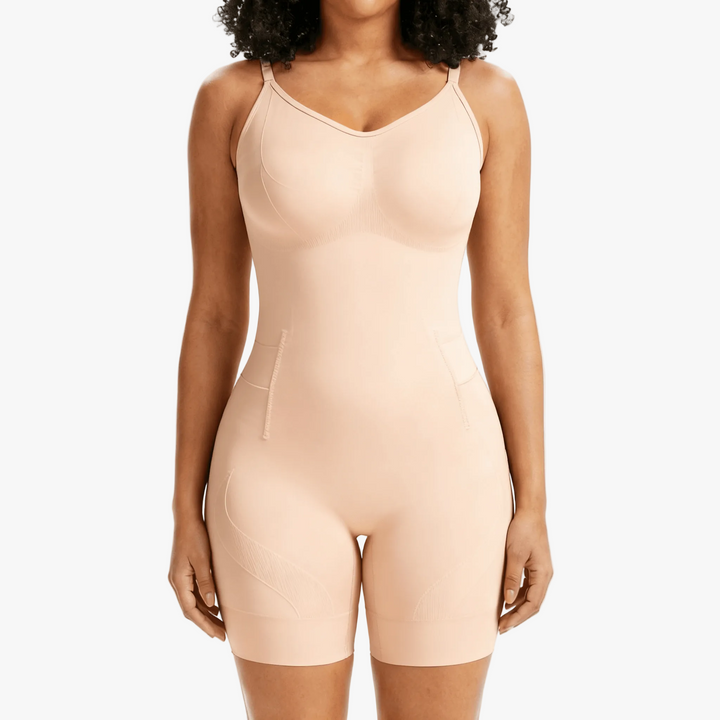 Nude shaping bodysuit with shorts shown on a body