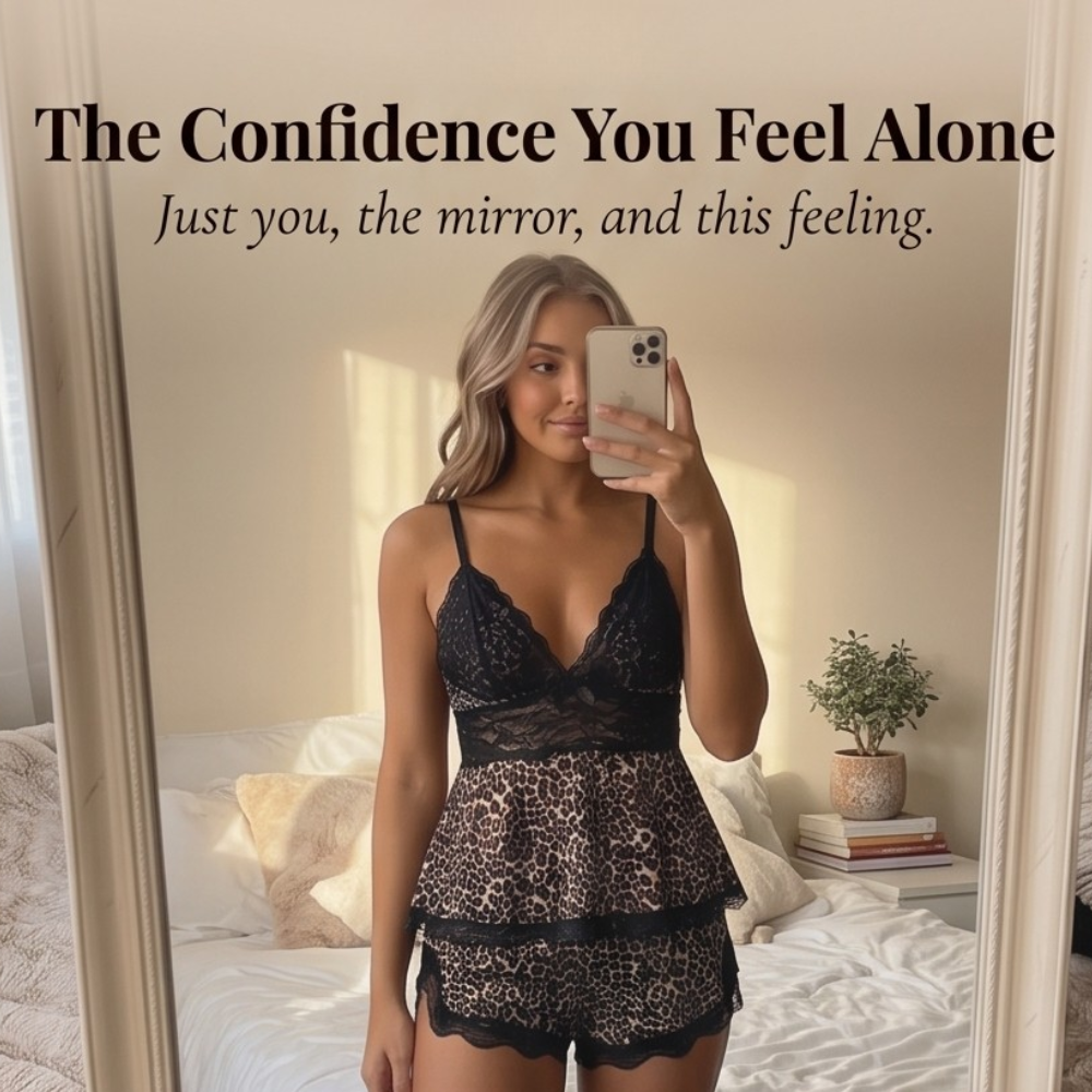 Feature panel of the cami set worn at a bedroom mirror